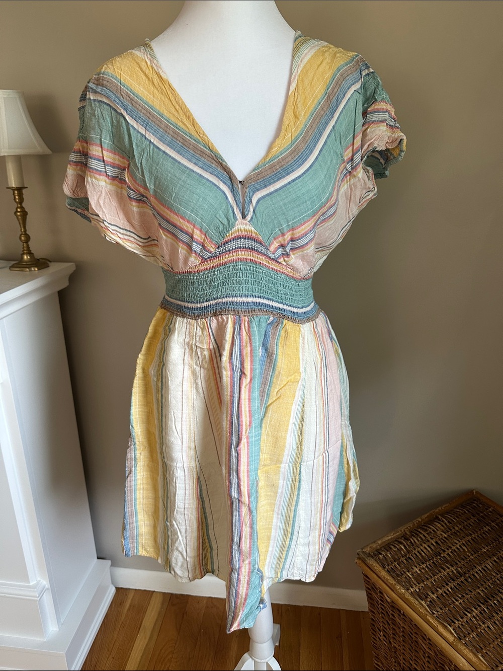 O’Neil Striped Multi-Color V-Neck Skater Dress - Pastel Yellow & Green, Sz S